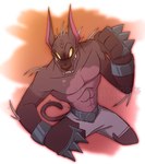 anthro black_nose clothed clothing dark_body dark_skin front_view hairless male markings muscular pecs red_eyes simple_background solo spots spotted_body spotted_skin topless whitefox89 cartoon_network villainous_(series) nahual_(villainous) canid canine canis domestic_dog hairless_dog mammal primitive_dog xoloitzcuintli 2021 absurd_res hi_res watermark