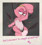 3_toes anthro blush clothing feet female flat_chested fur heart_symbol lingerie nipples petals photo pink_body pink_fur polaroid_photo rose_petals solo toes young young_anthro hua113 cartoon_network chowder_(series) panini_(chowder) lagomorph leporid mammal rabbit