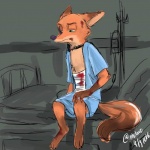 anthro bed blood bodily_fluids clothed clothing fur furniture gauze green_eyes iv_bag male on_bed sitting sitting_on_bed solo wounded nhibao disney zistopia zootopia nick_wilde canid canine fox mammal red_fox true_fox 1:1 2016