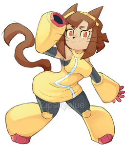 anthro arm_cannon brown_hair eyewear eyewear_on_head female goggles goggles_on_head hair solo tail whiskers zipskyblue gameoverse glitch_productions kit_bodega felid feline mammal hi_res