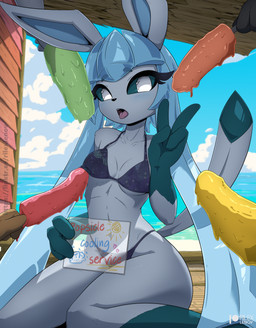anthro beach bikini biped blue_body blue_sclera breasts clothed clothing eyelashes female food gesture group hand_gesture misleading_thumbnail popsicle pupils swimwear tail two-piece_swimsuit v_sign wide_hips rilex_lenov nintendo pokemon eeveelution generation_4_pokemon glaceon pokemon_(species) hi_res