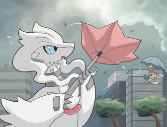 blue_eyes bodily_fluids building chest_tuft city claws cloud detailed_background fur grey_body grey_claws grey_fur head_tuft holding_object holding_umbrella leaf open_mouth outside overcast pink_inner_ear pink_tongue plant sky surprised sweat sweatdrop tail tongue tree tuft umbrella white_body white_fur wind komanyachi nintendo pokemon generation_5_pokemon legendary_pokemon minccino pokemon_(species) reshiram 2019 cel_shading digital_drawing_(artwork) digital_media_(artwork) hi_res shaded