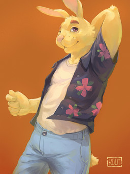 aloha_shirt anthro blue_bottomwear blue_clothing blue_pants bottomwear clothing fur hand_behind_head male multicolored_clothing multicolored_shirt multicolored_topwear orange_background pants pattern_clothing pattern_shirt pattern_topwear pink_eyes shirt simple_background solo tail topwear white_clothing white_shirt white_topwear yellow_body yellow_fur kuut_(artist) don't_eat_the_neighbours rabbit_(don't_eat_the_neighbours) lagomorph leporid mammal rabbit 2026 3:4 digital_media_(artwork) hi_res
