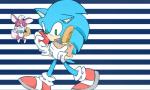 anthro bag blue_body blue_fur bread clothing duo eating food footwear fur gloves green_eyes handwear holding_object male paper_bag pattern_background red_body red_fur shoes simple_background striped_background walking white_body white_fur nashi_(intothe_bluesky) sega sonic_the_hedgehog_(series) sonic_unleashed chip_(sonic) sonic_the_hedgehog eulipotyphlan hedgehog mammal 5:3