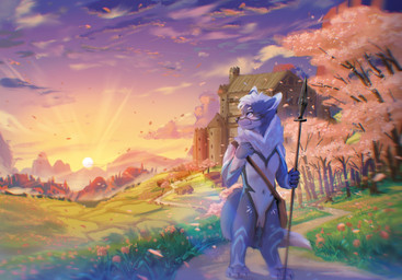 adventurer anthro blue_body blue_eyes castle dusk fantasy flower grass lance looking_away male melee_weapon path petals plant polearm scenery solo sunset traveling tree weapon stampmats canid canine canis mammal wolf hi_res