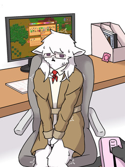 anthro blush brown_clothing brown_topwear chair clothed clothing coat computer condom controller detailed_background electronics eyewear female fur furniture glasses kemono keyboard linyue_(lokaner) office_chair raised_clothing raised_topwear red_face sexual_barrier_device solo topwear white_body white_fur lokaner bovid caprine mammal sheep 3:4 hi_res