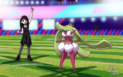 arena black_clothing black_dress black_hair clothing detailed_background dress duo female fighting_pose grass green_eyes hair lights open_mouth plant pose purple_body purple_eyes purple_skin stadium white_body derocomics nintendo pokemon gloria_(pokemon) generation_7_pokemon human mammal pokemon_(species) tsareena 2020 absurd_res hi_res