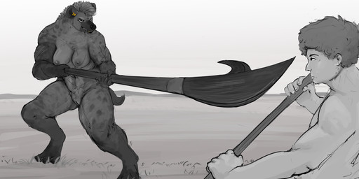 4_toes 5_fingers anthro big_breasts breasts duo ear_piercing ear_ring feet female fingers fur genitals hair hindpaw humanoid_hands male markings melee_weapon muscular muscular_anthro muscular_female navel nipples nude nude_anthro nude_female nude_human nude_male outdoor_nudity outside paws piercing polearm ring_piercing scar scars_all_over spear spots spotted_body spotted_fur standing toes vulva weapon doctordj human hyena mammal spotted_hyena 2024 greyscale hi_res monochrome spot_color