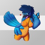 anthro beak blue_hair breasts feathered_wings feathers female genitals hair leash looking_at_viewer nude pussy solo wings adeska avian bird coraciiform kingfisher 1:1 half-length_portrait hi_res portrait shaded soft_shading