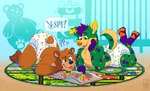 book brown_body brown_fur clothed clothing confusion crib diaper fur gesture green_body green_fur hand_gesture paws plushie pointing question_mark rug spots wearing_diaper bottlebear bear mammal absurd_res hi_res