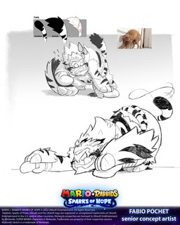 3_toes all_fours anthro arm_tuft beard black_stripes bottomwear closed_smile clothing copyright_symbol ear_tuft empty_eyes facial_hair feet frown fur gauntlets_(weapon) hair long_ears male male_anthro markings mitten_hands mouth_closed noseless photo scared short_hair shorts shoulder_tuft simple_background smile solo striped_markings striped_tail stripes symbol tail tail_markings tail_motion tailwag teeth text title toes tongue tongue_out torn_bottomwear torn_clothing torn_shorts tuft two_tone_tail white_background white_beard white_body white_facial_hair white_fur white_hair white_tail white_tongue year fabio_pochet mario_plus_rabbids_sparks_of_hope nintendo raving_rabbids rayman_(series) ubisoft wildclaw_(mario_plus_rabbids) domestic_cat felid feline felis hybrid lagomorph mammal pantherine rabbid tiger 2023 4:5 absurd_res artist_name digital_drawing_(artwork) digital_media_(artwork) english_description english_text greyscale hi_res monochrome multiple_scenes official_art reference_image shaded sketch