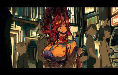 accessory anthro big_breasts black_bars breasts clothing detailed_background eye_patch eyewear faceless_character female flower flower_in_hair fur group hair hair_accessory half-closed_eyes male narrowed_eyes orange_body orange_fur plant red_hair tail fetloaf annie_(fetloaf) background_character canid canine fox mammal hi_res letterbox