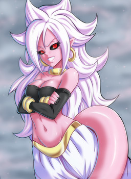 bare_shoulders black_nails black_sclera clothing colored_nails ear_piercing female grey_background grin hair humanoid_pointy_ears long_hair nails navel neck_ring not_furry piercing pink_body pink_skin pink_tail pointy_ears red_eyes simple_background smile solo tail teeth white_hair bocodamondo lewdamone dragon_ball dragon_ball_fighterz android_21 majin_android_21 alien alien_humanoid humanoid majin 2018 hi_res