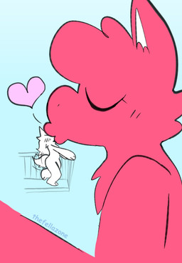 ambiguous_gender anthro balcony blue_background blush duo fur heart_symbol kissing macro raised_leg red_body red_fur simple_background tail tail_motion tailwag text white_body white_fur bigsteppies ruby_(smorbee) canid canine fella_(aimkid) mammal unknown_species artist_name hi_res