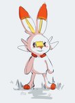 ambiguous_gender anthro blush dipstick_ears ear_markings grass multicolored_ears orange_ear_tips orange_eyes orange_nose orange_paws plant rabbit_ears shadow simple_background smile solo standing text white_background white_body yellow_inner_ear discocci nintendo pokemon generation_8_pokemon pokemon_(species) scorbunny dated hi_res signature