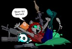 :3 anthro clothing female footwear green_eyes gun hair legs_up lying on_back plushie prosthetic prosthetic_leg prosthetic_limb ranged_weapon red_hair rocket_launcher shoes smile solo text weapon quiettomato mallorie_(quiettomato) alligator alligatorid crocodilian felid mammal reptile scalie alpha_channel english_text trans_(lore) trans_woman_(lore)
