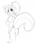 accessory anthro bottomless buckteeth butt clothed clothing female fluffy fluffy_tail hair_accessory hair_tie long_tail looking_back open_mouth shirt smile solo squirrel_tail t-shirt tail teeth topwear young young_anthro malachyte tammy_(worldf0x) grey_squirrel mammal rodent sciurid tree_squirrel 2018 digital_drawing_(artwork) digital_media_(artwork) hi_res monochrome portrait sketch three-quarter_portrait