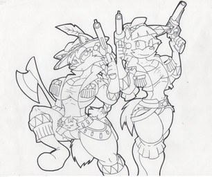 anthro axe belt big_breasts boots bottomwear breasts bullet bullet_belt clothing duo female footwear fur gloves gun hair handwear hat headgear headwear navel ranged_weapon shoes shorts square_crossover thick_thighs weapon virus-20 june_coyote canid canine canis coyote mammal 2012 sketch traditional_media_(artwork)