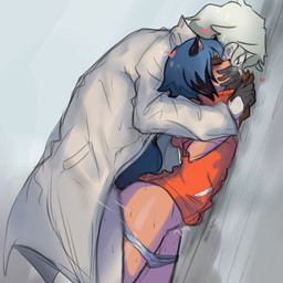 against_surface against_wall ambiguous_penetration anthro anthro_penetrated arched_back black_hair blue_body blue_fur blue_hair bodily_fluids brown_body brown_fur butt clothed clothed_sex clothing coat covering covering_mouth duo dutch_angle eyes_closed face_grab female female_on_human female_penetrated from_behind_position fur gloves hair hand_holding handwear heart_symbol human_on_anthro human_penetrating human_penetrating_anthro interlocked_fingers interspecies jacket larger_male male male/female male_on_anthro male_penetrating male_penetrating_female motion_blur panties panties_down partially_clothed penetration penile penile_penetration sex short_hair side_view simple_background size_difference slim smaller_female smaller_penetrated standing sweat topwear underwear underwear_down white_background white_hair chickenaguette brand_new_animal studio_trigger michiru_kagemori shirou_ogami canid canine human mammal raccoon_dog tanuki 1:1 2020 colored_sketch digital_media_(artwork) hi_res signature sketch