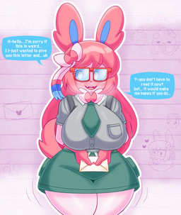 anthro big_breasts big_glasses blue_sclera blush bodily_fluids bottomwear bow_ribbon breasts card chibi clothing dialogue embarrassed eyebrow_through_hair eyebrows eyelashes eyelashes_through_hair eyewear face_blush female fur glasses green_bottomwear green_clothing green_pants greeting grey_clothing grey_shirt grey_topwear hair heart_symbol holidays huge_breasts letter long_hair love_letter motion_lines multicolored_body multicolored_fur nerd nervous notebook pants pink_hair poke_puff red_eyewear red_glasses ribbons scholar school_uniform shaking shirt shy skirt slightly_chubby smoke smoke_from_mouth solo speech_bubble steam sweat sweatdrop talking_to_viewer text thick_thighs topwear translucent translucent_hair uniform uwu white_body white_eyes white_fur wide_hips mintyspirit game_boy game_boy_family nintendo pokemon valentine's_day javisylveon_(mintyspirit) eeveelution generation_6_pokemon pokemon_(species) swirlix sylveon 2026 absurd_res english_text hi_res sketch