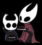 2_horns ambiguous_gender black_body black_eyes blue_cloak blue_clothing cake candy chocolate chocolate_cake cloak clothing cutlery dessert duo fingers food fork holding_fork holding_plate horn kitchen_utensils kneeling mouthless noseless plate red_cloak red_clothing sitting tools white_head fluffyfoxoffate hollow_knight team_cherry hornet_(hollow_knight) the_knight_(hollow_knight) vessel_(species) 2025 alpha_channel digital_media_(artwork) sibling_(lore) sister_(lore)