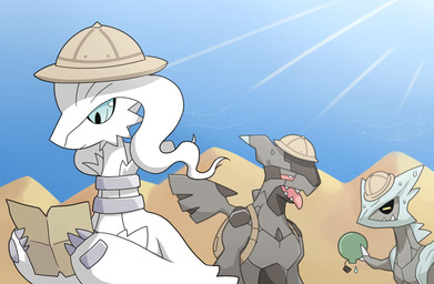bodily_fluids bottle clothing container desert hat headgear headwear map pyramid sweat komanyachi nintendo pokemon generation_5_pokemon kyurem legendary_pokemon pokemon_(species) reshiram zekrom hi_res