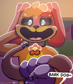 anthro blush blush_lines bodily_fluids claws collar duo fur half-closed_eyes hand_behind_head inside jewelry leash leash_pull leashed_collar leashed_male looking_at_viewer male male/male narrowed_eyes necklace nervous nervous_smile night orange_body orange_fur paws plant purple_body purple_fur shrub smile smile_at_viewer speech_bubble sweat sweatdrop text tongue tree window yellow_body yellow_fur tinky mob_entertainment poppy_playtime smiling_critters catnap_(poppy_playtime) dogday_(poppy_playtime) canid canine canis domestic_cat domestic_dog felid feline felis mammal url