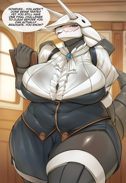 anthro big_breasts biped blush breasts clipboard clothed clothing detailed_background dialogue eyelashes female female_anthro fingers holding_clipboard holding_object inside mature_anthro mature_female overweight overweight_anthro overweight_female solo speech_bubble tail text thick_thighs white_clothing mleonheart nintendo pokemon aggron generation_3_pokemon pokemon_(species) english_text hi_res