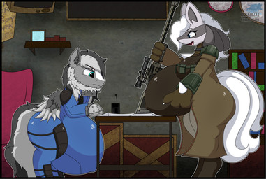 anthro armor beard black_body black_border black_fur blue_eyes border clothed clothing duo facial_hair female feral fur grey_body grey_fur gun hair holding_object holding_weapon jacket male markings multicolored_body multicolored_fur pregnant pregnant_anthro pregnant_female pregnant_feral pregnant_male ranged_weapon rifle sniper_rifle topwear weapon white_hair wings blazkenzxy fallout hasbro microsoft my_little_pony mythology nintendo pokemon equid equine generation_4_pokemon horse lucario mammal mythological_creature mythological_equine pegasus pokemon_(species) pony absurd_res hi_res