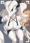 absurd_res anthro big_breasts biped blue_eyes breasts camera_view cleavage clothed clothing eyelashes female female_anthro front_view generation_5_pokemon hi_res legendary_pokemon nintendo nipple_outline pokemon pokemon_(species) reshiram signature simple_background skimpy solo white_body zinfyu