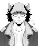 2024 absurd_res american_shorthair angry anthro artist_name clothed clothing digital_media_(artwork) domestic_cat felid feline felis front_view hair half-closed_eyes hat headgear headwear hi-lo_(itsme_hilo) hi_res itsme_hilo jacket male mammal monochrome narrowed_eyes shirt simple_background sketch solo standing tank_top topwear white_background