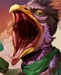 absurd_res anthro avian beak biped bird bodily_fluids clothing drooling feathered_crest feathers galliform green_eyes gyro_feather head_crest hi_res junkertrash male mouth_shot open_mouth peafowl phasianid pink_body saliva scarf