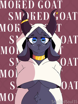 anthro areola big_breasts breasts clothed clothing collar ears_down eyelashes eyeshadow female freckles fur grey_body grey_fur hair hoodie horn horn_jewelry horn_ring jewelry looking_at_viewer makeup necklace pivoted_ears pose ring ring_(jewelry) simple_background solo standing text thick_thighs topwear smokedsoul35 smoked_goat bovid caprine goat mammal 3:4 digital_media_(artwork) english_text hi_res