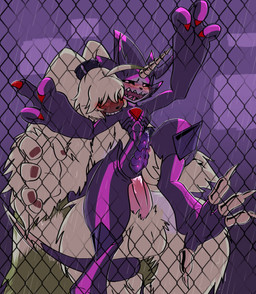 against_fence against_surface ahoge anal anthro balls bite blush bodily_fluids chain_fence chain_link claws cloacal_penis duo erection fence fur genital_fluids genitals hair hair_over_eyes horn male male/male male_penetrated male_penetrating male_penetrating_male penetration penis precum sex sharp_teeth shoulder_bite teeth yellow_body yellow_fur b00b00keys bandai_namco digimon angoramon digimon_(species) gulusgammamon scalie hi_res