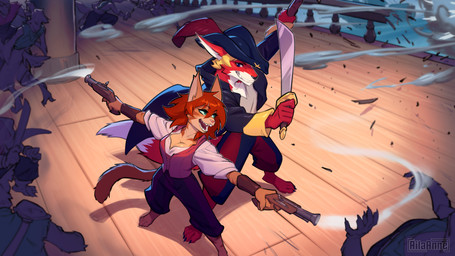 alternate_universe anthro blonde_hair cutless duo female fur gunfight hair male male/female melee_weapon muskets orange_body orange_fur pirate red_body red_fur red_hair ship standing sword vehicle watercraft weapon ailaanne kayla_angel robin_tinderfox canid canine felid feline fox mammal red_fox true_fox 16:9 absurd_res hi_res widescreen