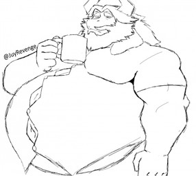 anthro beard belly big_belly clothing coffee_cup container cup facial_hair horn male mature_male musclegut muscular muscular_male one_eye_closed overweight overweight_male shirt solo topwear hidi undertale_(series) asgore_dreemurr bovid caprine goat mammal hi_res monochrome
