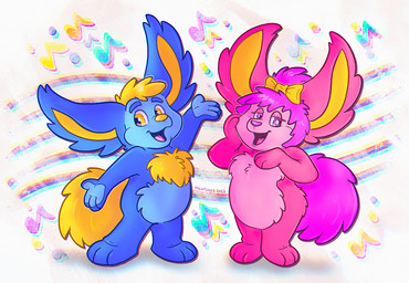 3_toes 4_fingers accessory anthro bat_ears belly_tuft big_ears big_tail biped blonde_hair blue_body blue_fur bow_ribbon chest_fur chest_tuft duo ear_tuft feet female fingers fluffy fluffy_tail fur glance hair hair_accessory hair_bow hair_ribbon half-closed_eyes looking_at_viewer male multicolored_body multicolored_fur musical_note musical_symbol narrowed_eyes open_mouth pink_body pink_eyes pink_fur pink_hair pink_nose ribbons smile standing symbol tail toes tuft two_tone_body two_tone_fur white_sclera yellow_body yellow_bow yellow_eyes yellow_fur yellow_inner_ear yellow_nose nightlinez kidsongs pbs billy_biggle ruby_biggle biggle_(kidsongs) 2022 colored digital_drawing_(artwork) digital_media_(artwork) shaded brother_(lore) brother_and_sister_(lore) sibling_(lore) sister_(lore)