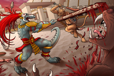 anthro aztec_clothing blood blood_on_face blood_on_object blood_on_weapon bodily_fluids bone bottomwear city city_background clothing digitigrade feathers fight gold_(metal) gold_jewelry gore group jewelry loincloth macuahuitl male melee_weapon muscular muscular_anthro muscular_male open_mouth red_body red_feathers skull skull_head swinging_weapon tail weapon growingdragon nairim rollwulf itztli_(basillisk) crocodilian reptile scalie hi_res