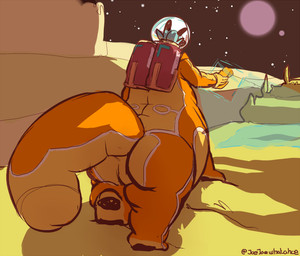 air_tank belly big_butt big_tail butt circuit_markings gas_canister male markings overweight overweight_male pawpads rear_view scanning science_fiction solo space spacesuit star tail thick_thighs walking joebluefox joe_(joebluefox) canid canine fox mammal taur