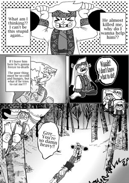 accessory ainu_clothing anthro belt big_ears big_feet birch_tree bone bottomwear buckteeth clothing collar countershade_face countershade_fur countershade_torso countershading dialogue fangs feathers feet female floppy_ears fur hair headband male muscular muscular_anthro muscular_male navel plant predator/prey pubes river running simple_background skull snow solo teeth text tree white_background white_body white_fur white_hair efradraws northwind_(efradraws) isepo_(efradraws) uspul_(efradraws) canid canine canis lagomorph leporid mammal rabbit wolf absurd_res black_and_white comic digital_media_(artwork) english_text halftone hi_res monochrome