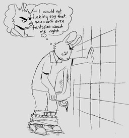 anthro bathroom clothed clothing fantasizing humiliation male masturbation partially_clothed profanity solo text underwear underwear_down urinal wakaimaa aaron_(wakaimaa) ladarius_(wakaimaa) lagomorph leporid mammal english_text monochrome