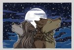 2020 brown_body brown_fur canid canine canis detailed_background duo eyebrows eyelashes eyes_closed female fur grey_body grey_fur hi_res jay-kuro male mammal moon night outside sky star starry_sky traditional_media_(artwork) wolf