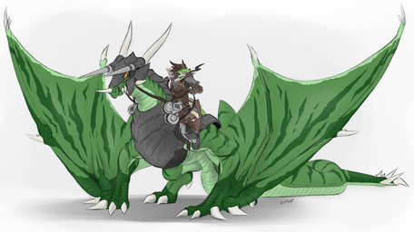 anthro armor arrow_(weapon) biped bow_(weapon) bridle duo female feral green_body green_scales horn male quadruped ranged_weapon reins riding saddle scales size_difference tail weapon wings zerofox1000 european_mythology mythology freida_(zerofox1000) dragon mythological_creature mythological_scalie scalie western_dragon wingless_dragon wyvern 2015 colored hi_res signature