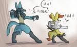 ambiguous_gender anthro blue_body blue_fur digitigrade duo fur red_eyes spikes tail yellow_body yellow_fur neroinu nintendo pokemon braixen canid canine generation_4_pokemon generation_6_pokemon lucario mammal pokemon_(species) digital_media_(artwork)