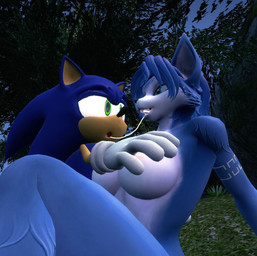 anthro breasts female fur hand_on_breast male male/female multicolored_body multicolored_fur nintendo sega sonic_the_hedgehog_(series) star_fox krystal_(star_fox) sonic_the_hedgehog canid canine mammal 3d_(artwork) digital_media_(artwork)