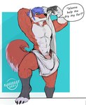 2021 abs after_shower anthro blue_hair canid canine canis claws fox fur hair hi_res hybrid magdav male mammal muscular muscular_male orange_body orange_fur pecs penis_peek seductive solo terryskaii_(artist) toe_claws towel wet wet_body wet_fur white_body white_fur wolf