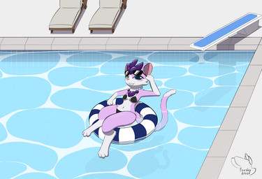 anthro bikini black_bikini black_bikini_bottom black_bikini_top black_clothing black_swimwear blush clothing countershading digitigrade diving_board eyewear eyewear_on_head female floating floating_on_water fur hand_on_head hand_on_sunglasses heterochromia navel pink_body pink_fur pool_chair pool_float solo sunglasses sunglasses_on_head swimming_pool swimwear tail two-piece_swimsuit water wearing_sunglasses white_body white_countershading feeshyartist miu_(feeshyartist) felid feline mammal philikkahn signature