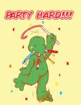 3_toes 4_fingers anthro barefoot biped celebration dancing eyes_closed featureless_crotch feet fingers front_view hindpaw navel nude on_one_leg party party_hard party_horn paws raised_arm shell-less simple_background smile soles solo standing text toes redemption3445 ket_ralus_(character) reptile scalie tortavi turtle 2016 absurd_res english_text hi_res