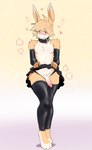 anthro arm_warmers armwear black_clothing blush bottomwear clothed clothing clothing_lift collar femboy fur genitals heart_symbol latex legwear male paws penis purple_eyes skirt skirt_lift solo stockings underwear white_body white_fur yellow_body yellow_fur pompsadoodle lagomorph leporid mammal rabbit hi_res