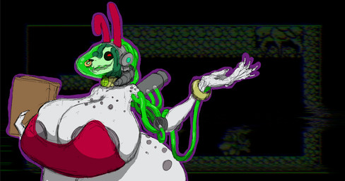 anthro big_breasts bone breasts bunny_costume clothing costume cybernetics detailed_background facial_piercing fake_ears fake_rabbit_ears female game_background machine nails nose_piercing nose_ring piercing ring_piercing sharp_nails skull skull_head solo thick_thighs tube white_body possmonaught sticks_(possmonaught) cryptid cyborg techno digital_media_(artwork)